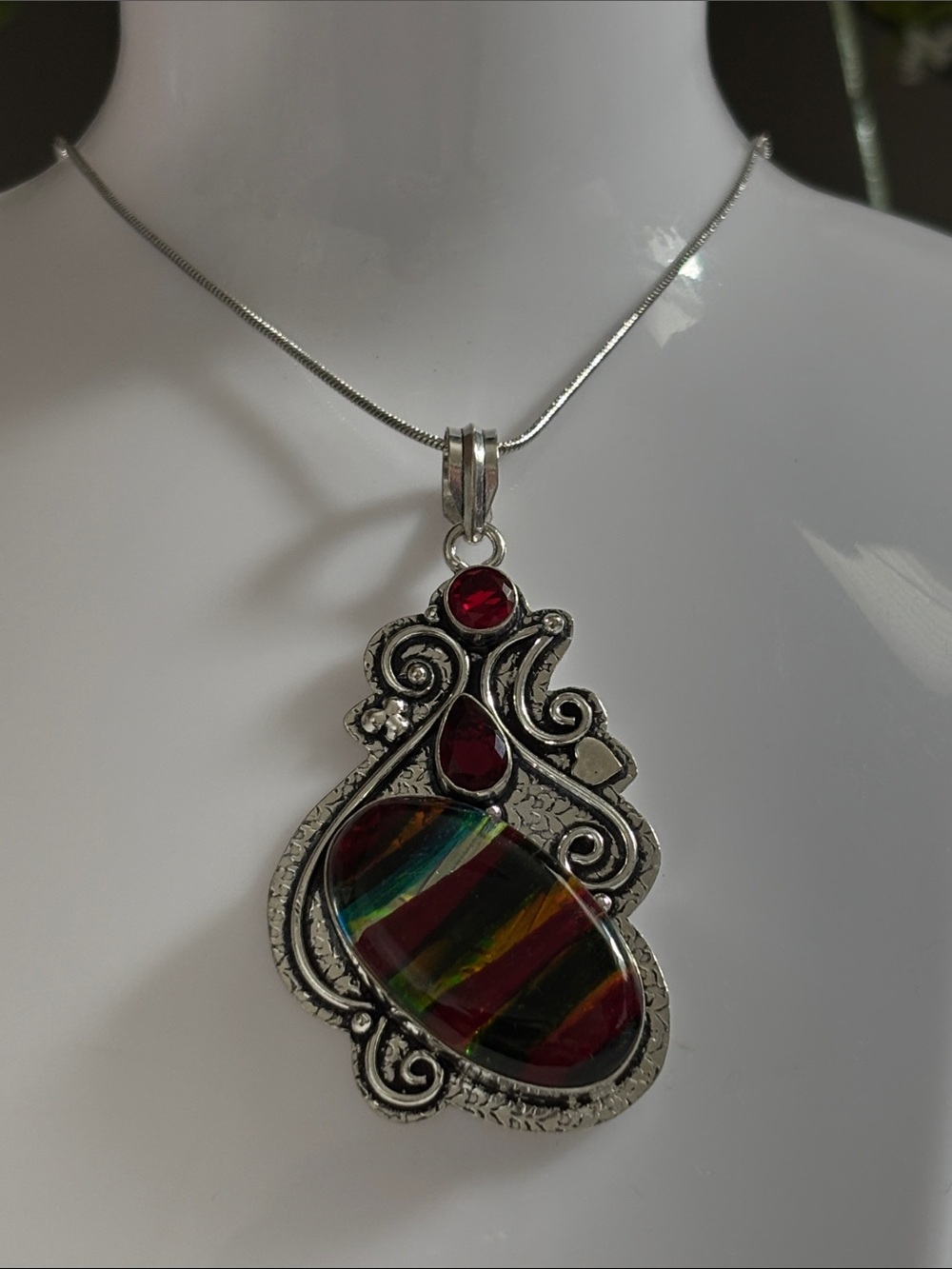 Ammolite & Garnet Gemstone Ethnic Pendant Necklace